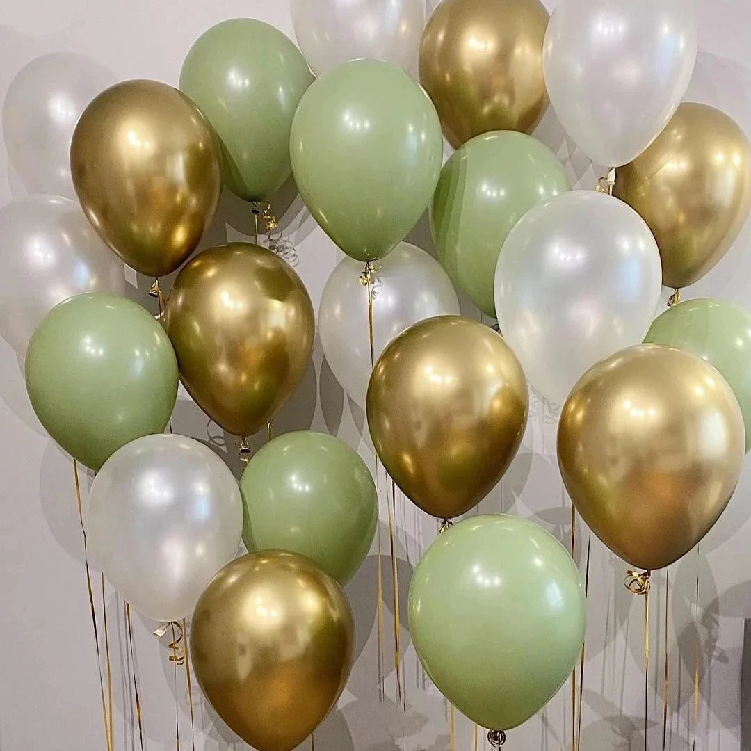 30pcs Avocado Sage Green Balloons Set Pearl White Gold Confetti