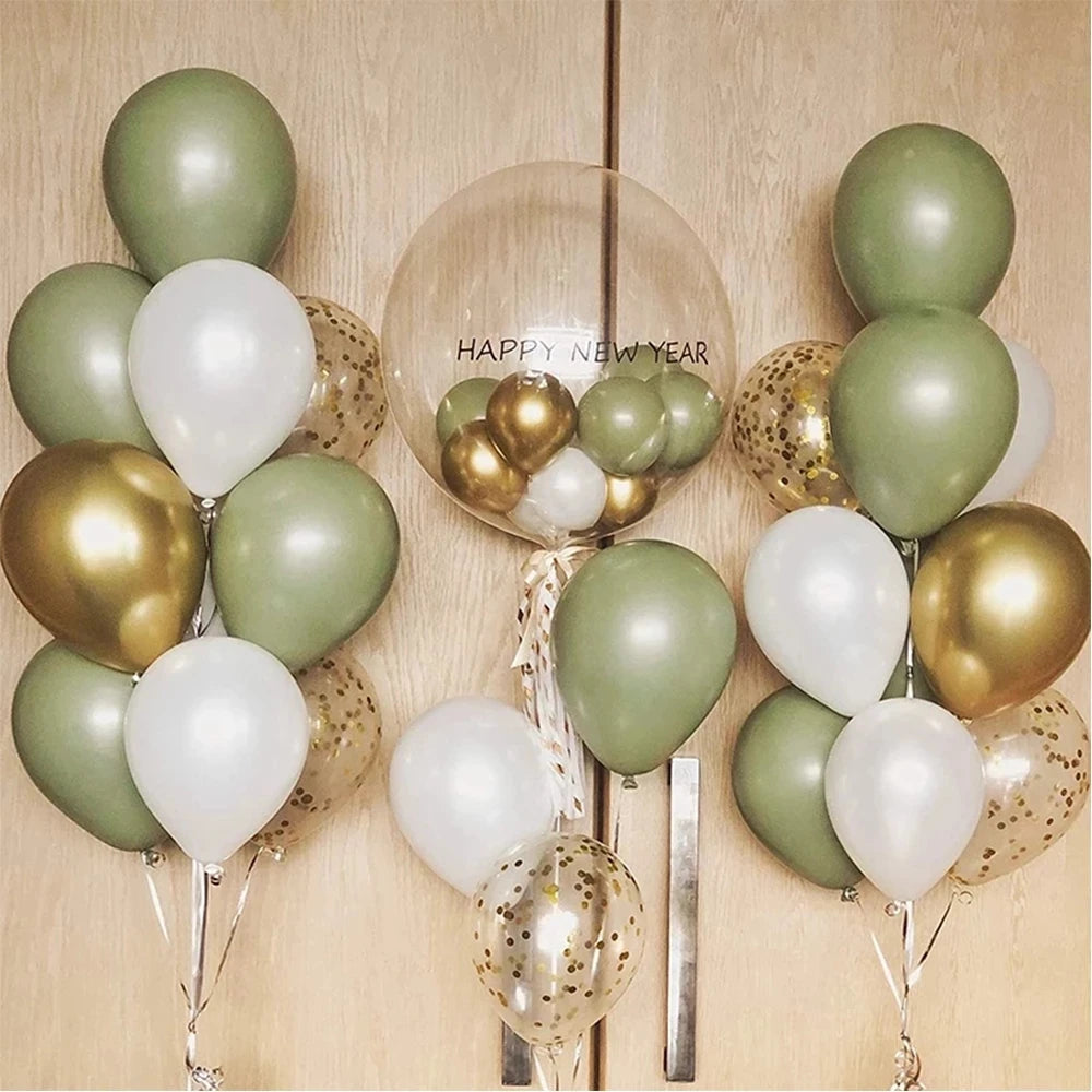 30pcs Avocado Sage Green Balloons Set Pearl White Gold Confetti